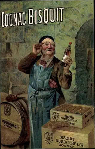 Ak Cognac Bisquit, Dubouche & Co., Mann im Lagerkeller