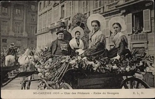 Ak Paris, Mi Careme 1906, Char des pecheurs, Reine du Gourgain, Karneval