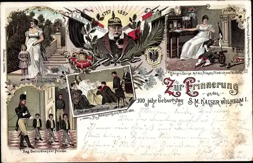 Litho 100. Geburtstag Kaiser Wilhelm I. 1897, Königin Luise, Exerzieren der Prinzen