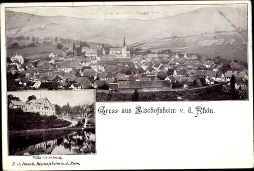 Ak Bischofsheim an der Rhön in Unterfranken, Villa Osterburg, Blick auf den Ort