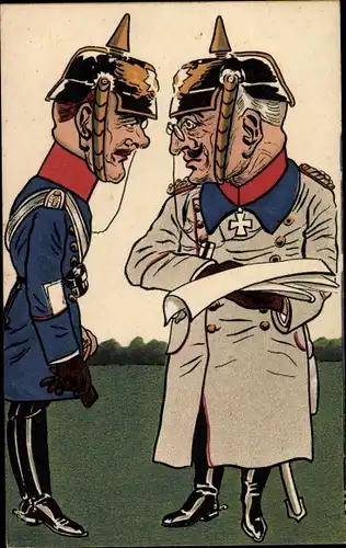 Künstler Ak Karikatur, Zwei Offiziere in Uniformen, Pickelhauben