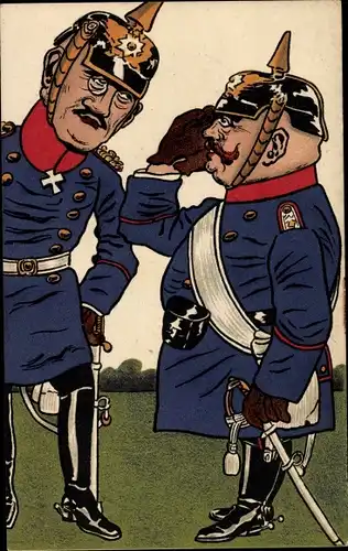 Künstler Ak Karikatur, zwei Offiziere in Uniformen, Pickelhauben