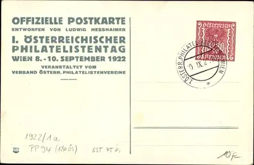 Ganzsachen Ak Wien, PP 94, 1. Österreichischer Philatelistentag 1922