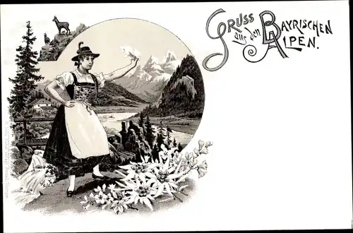 Litho Gruß aus den Bayrischen Alpen, Frau in Tracht, Edelweiß