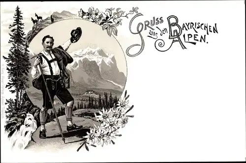 Litho Gruß aus den Bayrischen Alpen, Mann in Tracht, Edelweiß