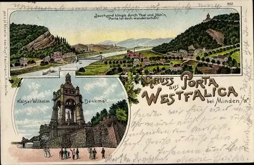 Litho Porta Westfalica in Nordrhein Westfalen, Denkmal Kaiser Wilhelm I., Panorama