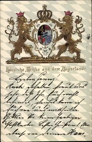 Präge Wappen Litho Herzliche Grüße aus dem Bayernlande, Löwen, Krone