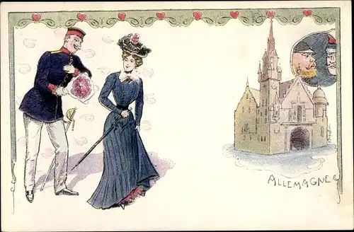 Litho Allemagne, Französischer Soldat überreicht einer Frau einen Blumenstrauß