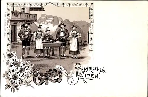 Litho Bayrische Alpen, Menschen in Trachten, Zitherspieler