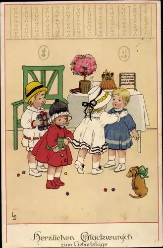 Künstler Ak Döring, Lia, Glückwunsch Geburtstag, Kuchentafel, Meissner und Buch