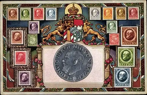 Wappen Briefmarken Ak Bayerische Briefmarken, König Ludwig III. von Bayern