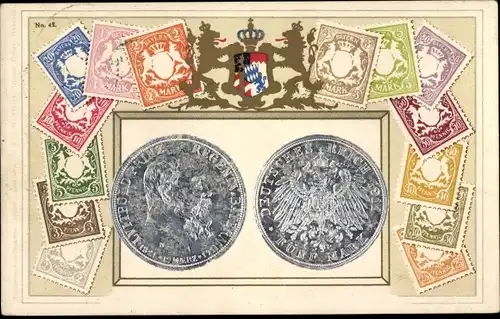 Briefmarken Wappen Präge Litho Münze, Prinzregent Luitpold von Bayern, Portrait