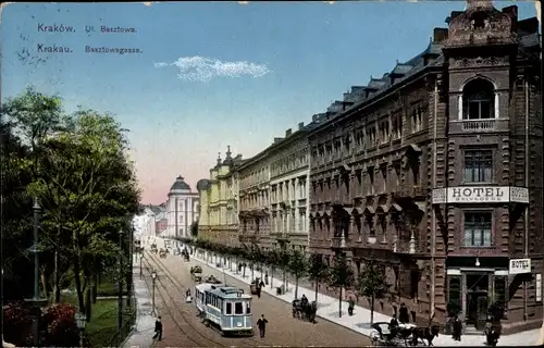 Ak Kraków Krakau Polen, Ul. Basztowa, Basztowagasse, Hotel Belvedere, Straßenbahn