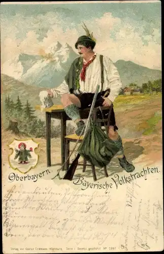 Litho Oberbayern, Mann in bayrischer Volkstracht, Lederhose