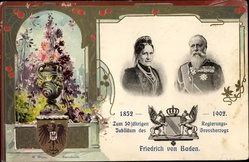 Präge Wappen Ak 50 jähriges Regierungsjubiläum Großherzog Friedrich von Baden, Luise von Preußen