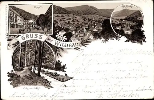 Litho Bad Wildbad im Schwarzwald, Kurplatz, katholische Kirche, Anlagenpartie, Floß, Totale