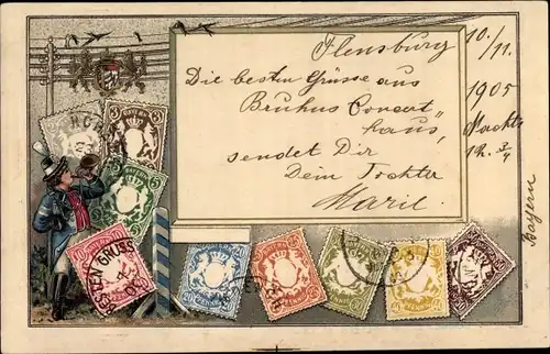 Präge Briefmarken Litho Postbote mit Posthorn, Bayrische Briefmarken