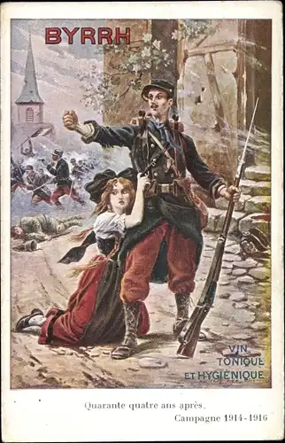 Künstler Ak Französischer Soldat, Frau in Elsässer Tracht, Reklame, Byrrh, Vin Tonique et Hygienique