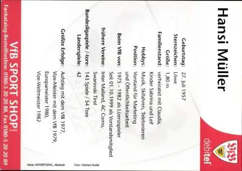 Sammelbild Fußballspieler Hansi Müller, VfB Stuttgart, Autogramm