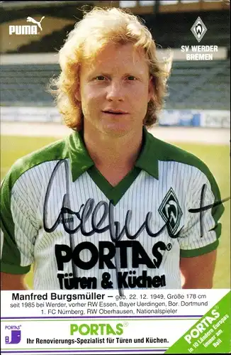 Ak Fußballspieler Manfred Burgsmüller, Werder Bremen, Autogramm