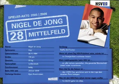 Ak Autogramm, Fußballer Nigel de Jong, HSV, Portrait