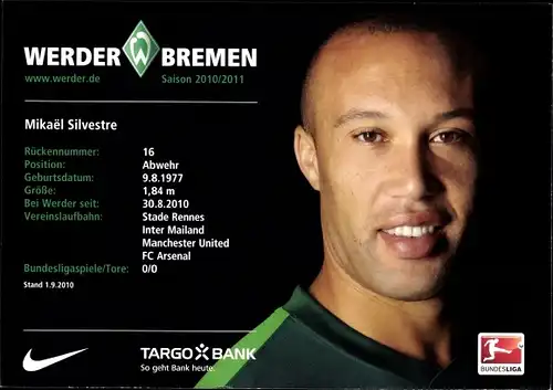 Ak Autogramm, Fußballer Mikael Silvestre, Werder Bremen, Portrait