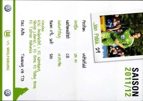 Ak Fußballer Jan Polak, Portrait, Autogramm, VfL Wolfsburg