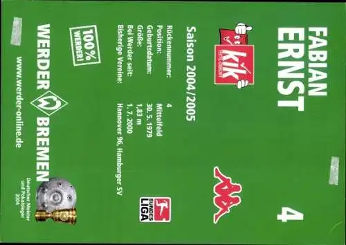 Ak Fußballer Fabian Ernst, Portrait, Autogramm, Werder Bremen