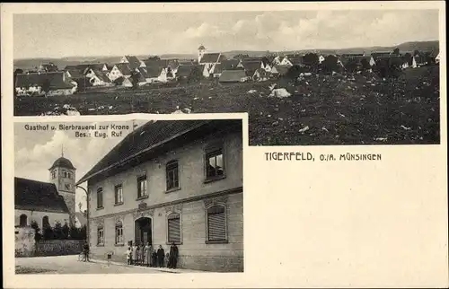 Ak Tigerfeld Pfronstetten in Baden Württemberg, Totalansicht, Gasthof und Bierbrauerei zur Krone