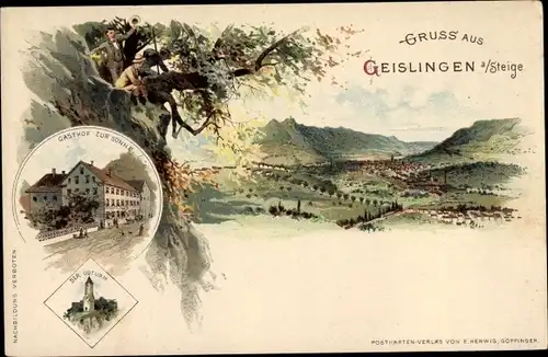 Litho Geislingen an der Steige in Baden Württemberg, Gasthof zur Sonne, Ödturm, Landschaftspanorama