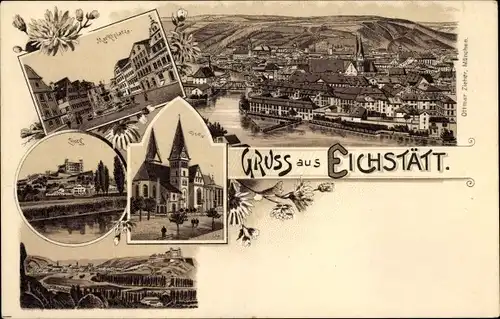 Litho Eichstätt in Oberbayern, Dom, Burg, Marktplatz, Totalansicht der Ortschaft, Fluss