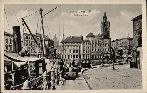 Ak Kaliningrad Königsberg Ostpreußen, Partie am Kai, Schiff, Turm