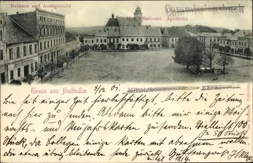 Ak Hlučín Hultschin Mährisch Schlesien, Rathaus und Amtsgericht, Apotheke, Hotel National