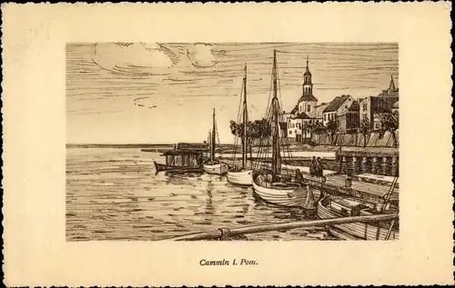 Ak Kamień Pomorski Cammin in Pommern, Partie am Hafen, Boote
