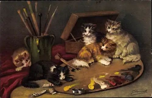 Künstler Ak Kleine Katzen auf einer Malerpalette
