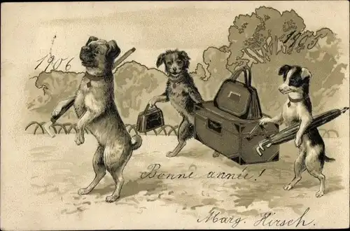 Präge Litho Drei vermenschlichte Hunde mit Gepäck