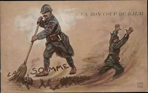 Ak Un bon coup de Balai, la Somme, Franzosen fegen Deutsche raus