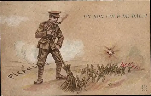 Ak Un bon coup de Balai, Picardie, Britischer Soldat fegt Deutsche raus