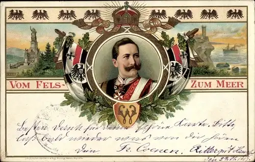 Litho Vom Fels zum Meer, Kaiser Wilhelm II., Patriotik, Nationaldenkmal
