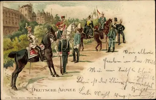 Litho Deutsche Armee, Deutsche Soldaten in Uniformen, Reiter, Ulan, Husar