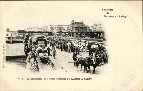 Ak Paris, Zirkus Barnum & Bailey, Dechargement des trains speciaux, Bahnhof, Gleisseite