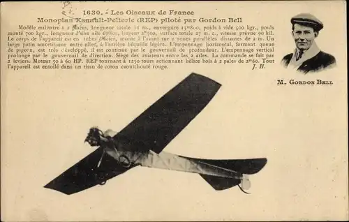 Ak Les Oiseaux de France, Monoplan Esnault Pelterie, pilote par Gordon Bell