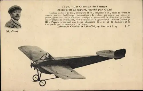 Ak Les Oiseaux de France, Monoplan Nieuport, pilote par Gobe