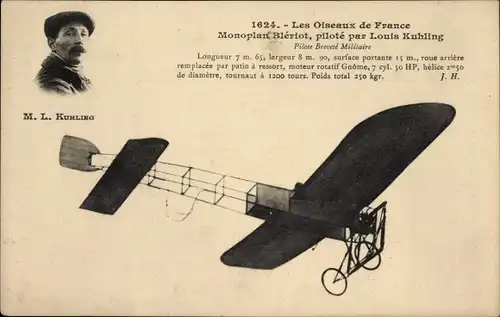 Ak Les Oiseaux de France, Monoplan Bleriot, pilote par Louis Kuhling