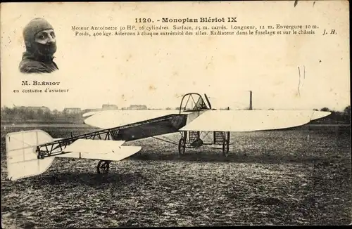 Ak Monoplan Bleriot IX, Flugpionier, Flugzeug