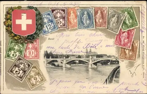 Präge Briefmarken Wappen Ak Bâle Basel Stadt Schweiz, Stadtansicht