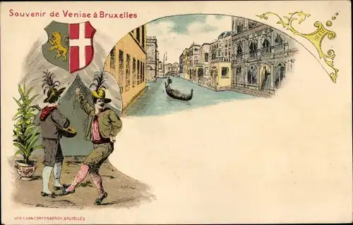 Wappen Litho Souvenir de Venise a Bruxelles, Venedig, Gondel, Männer in Trachten