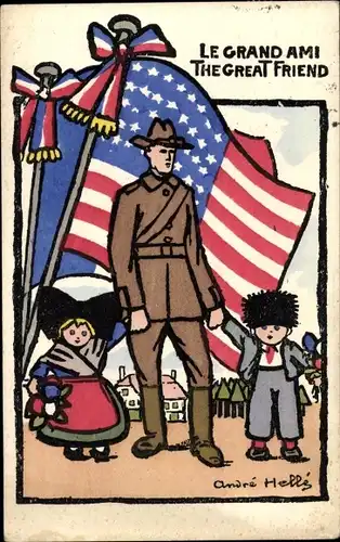 Künstler Ak Helle, Andre, Le Grand Ami, Amerikanischer Soldat, Kinder in Trachten