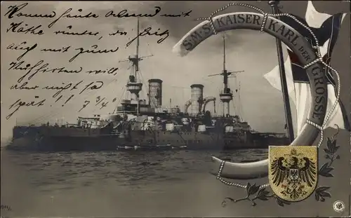 Ak Deutsches Kriegsschiff SMS Kaiser Karl der Große, Linienschiff, Kaiserliche Marine, Wappen