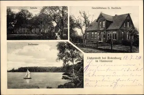 Ak Unterstedt Rotenburg an der Wümme, Schule, Geschäftshaus G. Buchholz, Bullensee